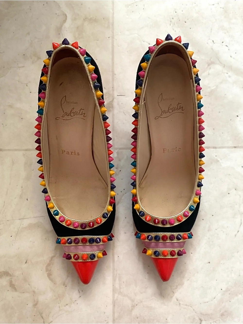 $1,095 Christian Louboutin Black Suede Leather Malabar Hill Spiked Pumps Heels 7